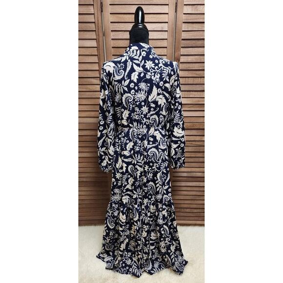 Rustty Dustty Navy Maxi Dress Long Sleeve Ruffle Hem Embroidered V-Neck Size XL - Picture 7 of 8